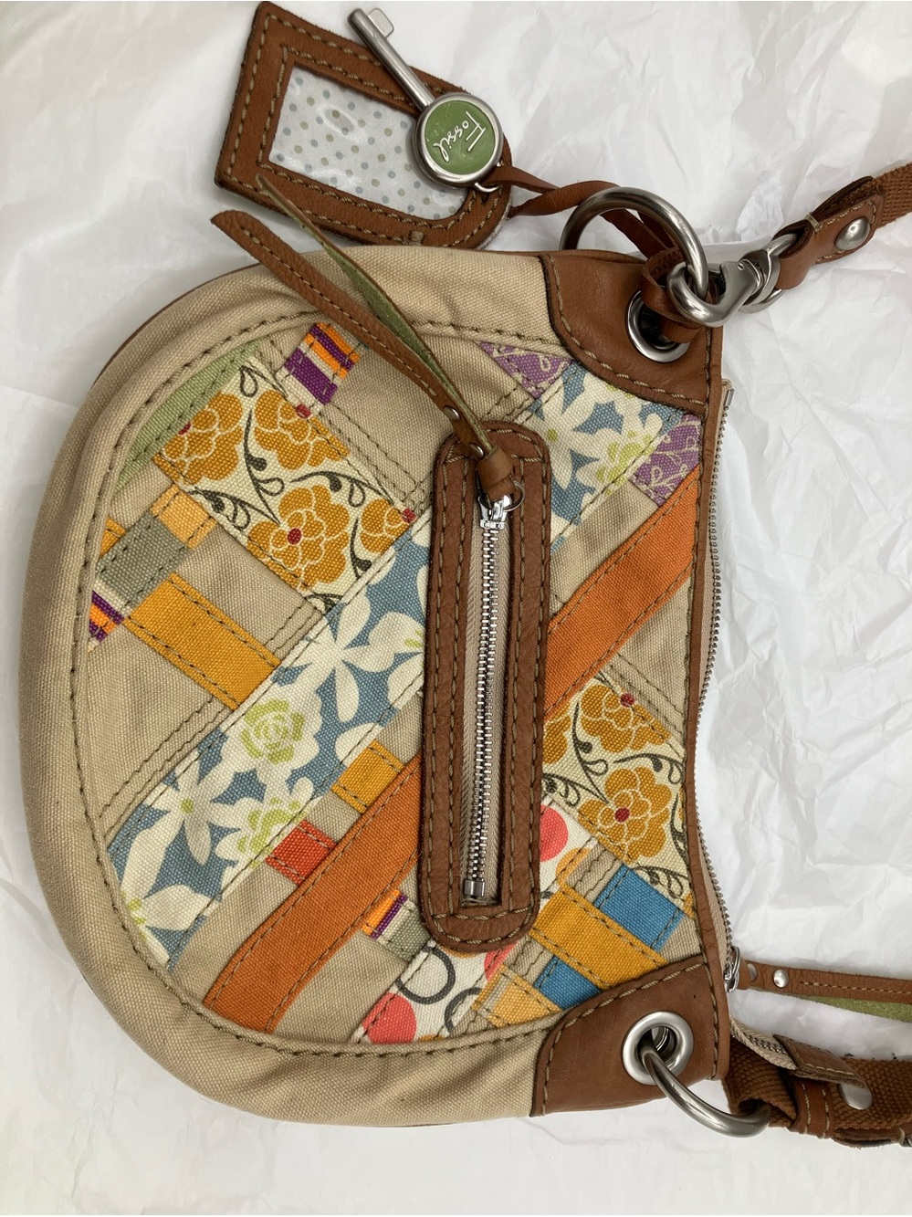 FOSSIL Y2k Patchwork Canvas Crossbody Bag with Brown Leather Trim